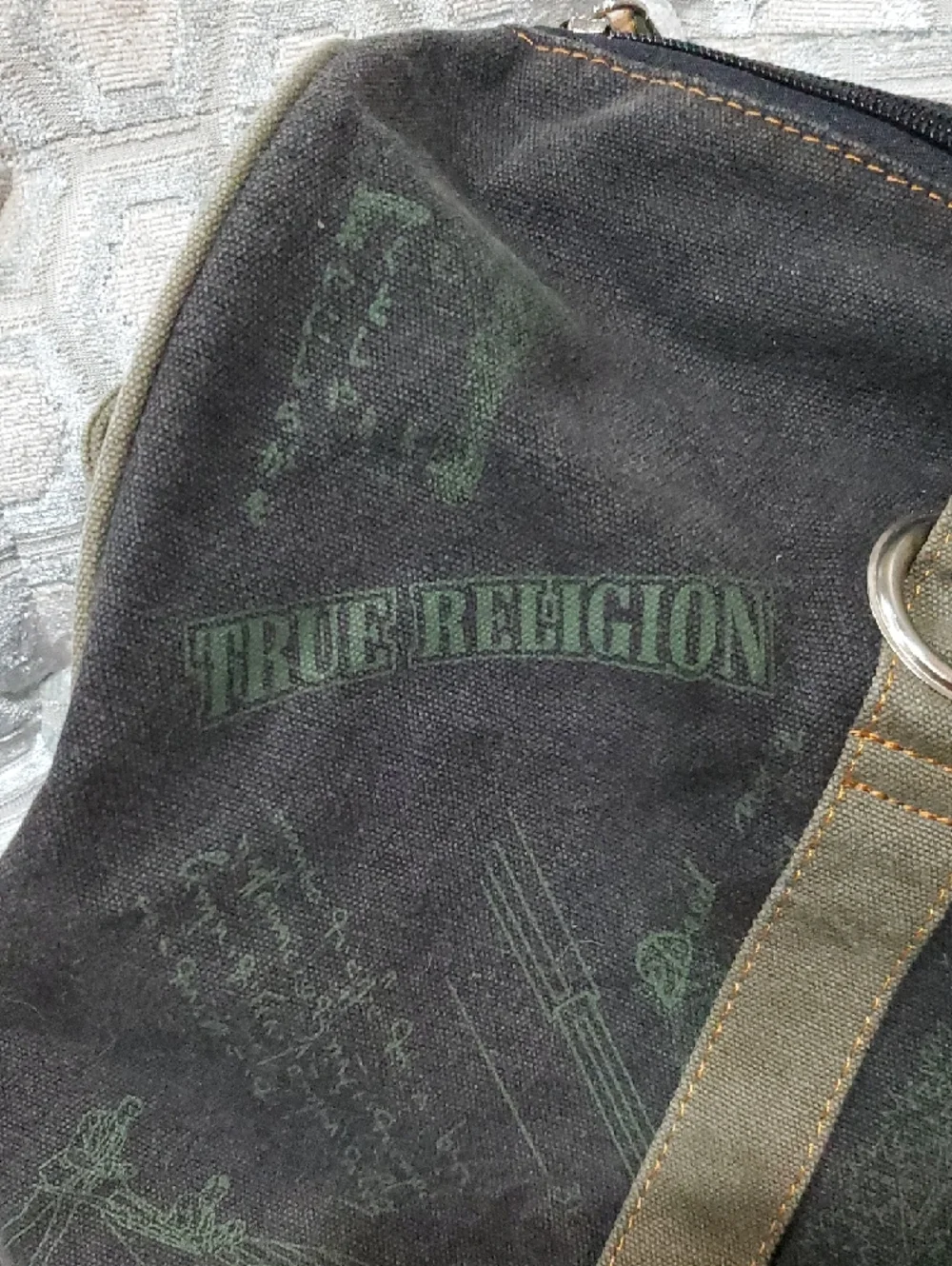 True Religion Canvas Duffel Bag in Black and Olive Trim